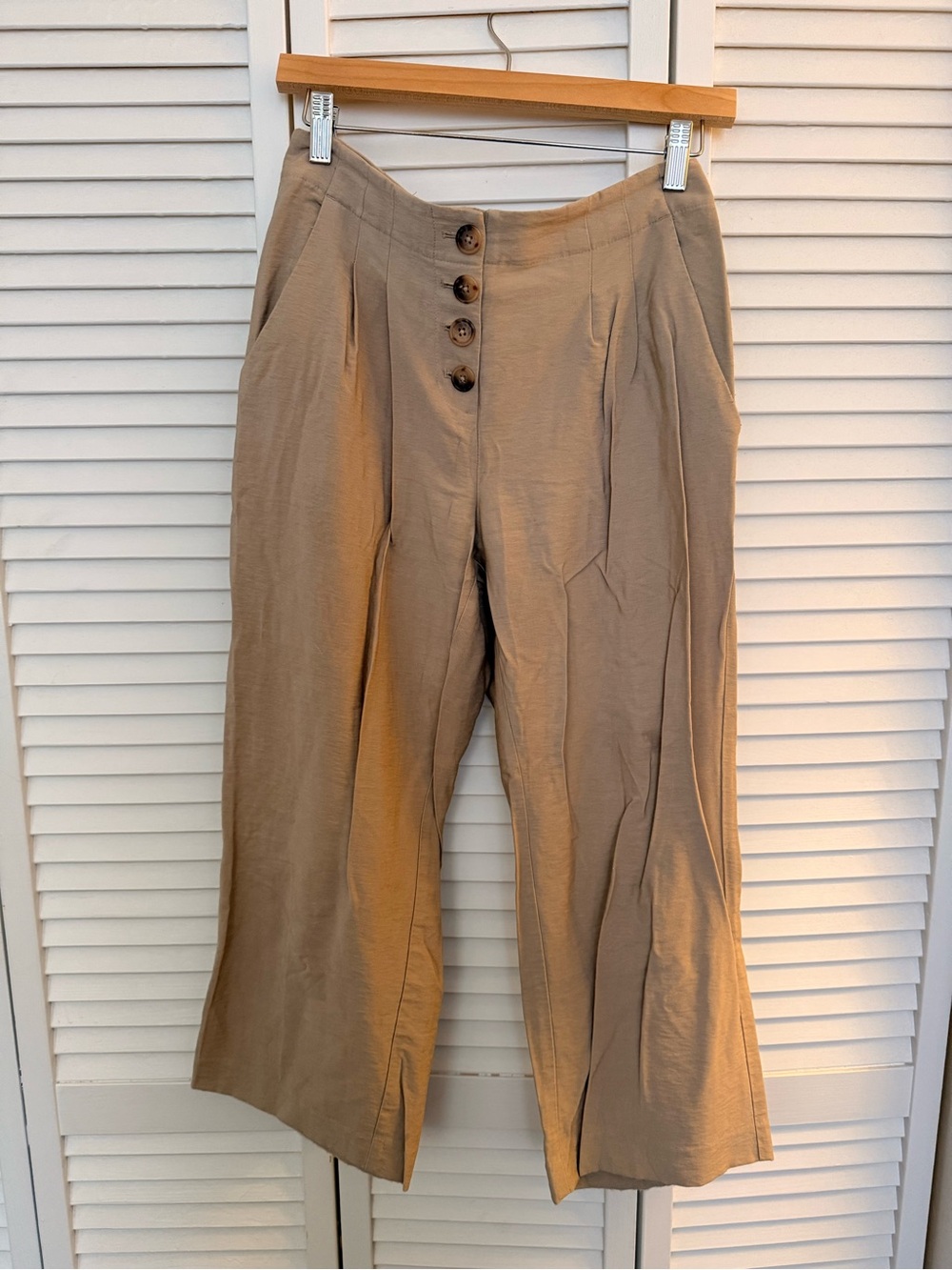 High-Rise Wide Leg Button Front Linen Pants in Tan